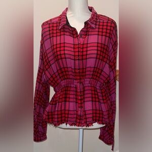 People Womens Size M Pacific Dawn Plaid Shirt In Red Combo Casual.